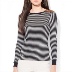 Lauren Ralph Lauren - Black Stripe Knit Top With Elbow Patch Sweater Top